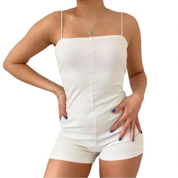 Zara NWT Cream Ribbed  Romper Unitard Straight Neckline Spaghetti Straps Medium - Picture 2 of 8